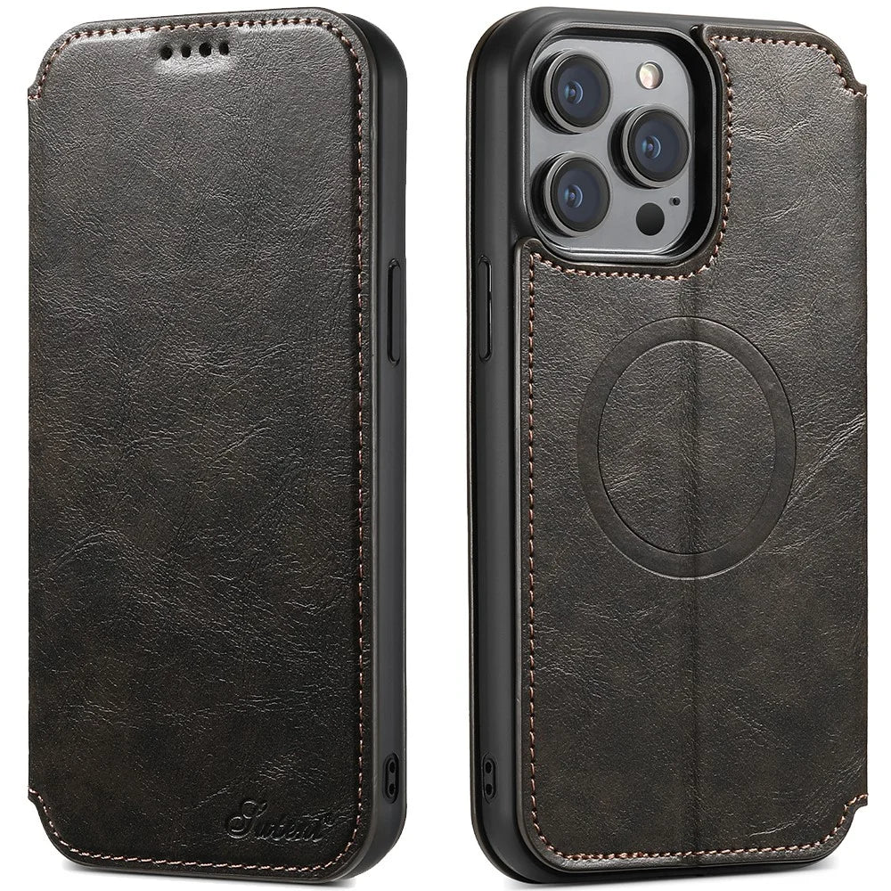 SUTENI J05 For iPhone 12 / 12 Pro Wallet Phone Case Leather Stand Cover Compatible with MagSafe - Black - 1