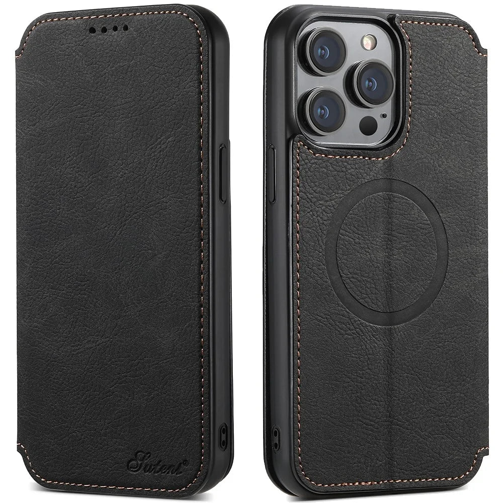 SUTENI J06 For iPhone 12 / 12 Pro Magnetic Phone Case Stand Wallet Leather Cover Compatible with MagSafe  - Black - 1