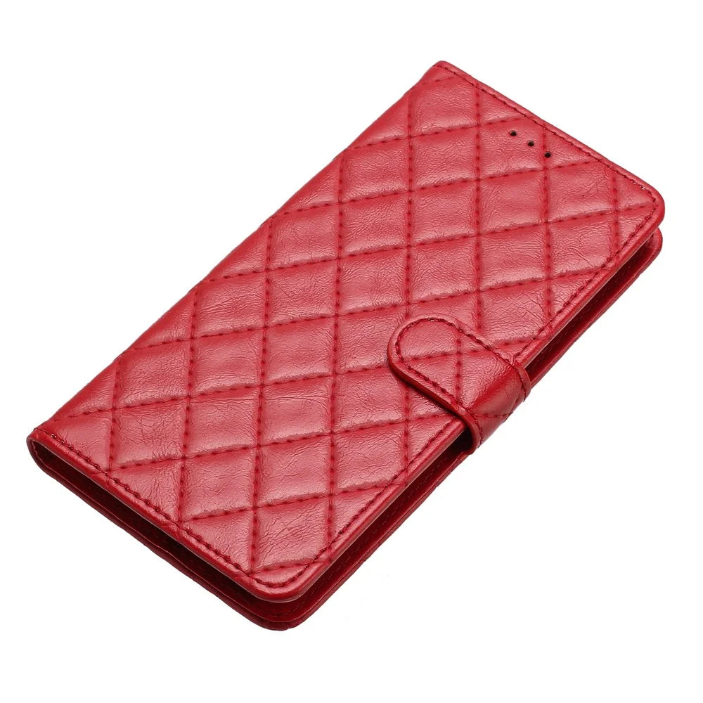 For iPhone 12 Pro Max 6.7 inch Stitching Line Rhombus Texture PU Leather Phone Cover Wallet Shell Stand Phone Case - Red - 5