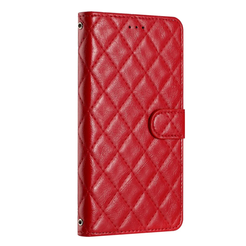For iPhone 12 Pro Max 6.7 inch Stitching Line Rhombus Texture PU Leather Phone Cover Wallet Shell Stand Phone Case - Red - 6