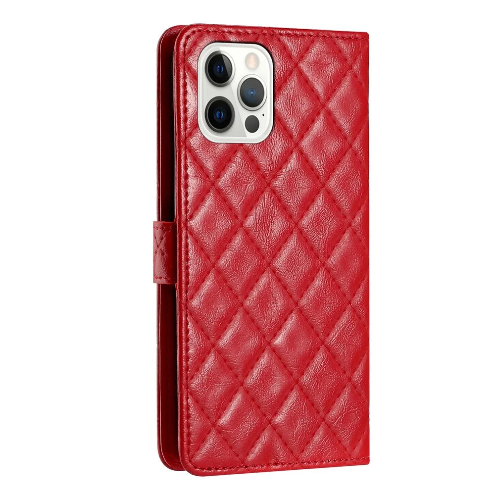For iPhone 12 Pro Max 6.7 inch Stitching Line Rhombus Texture PU Leather Phone Cover Wallet Shell Stand Phone Case - Red - 7