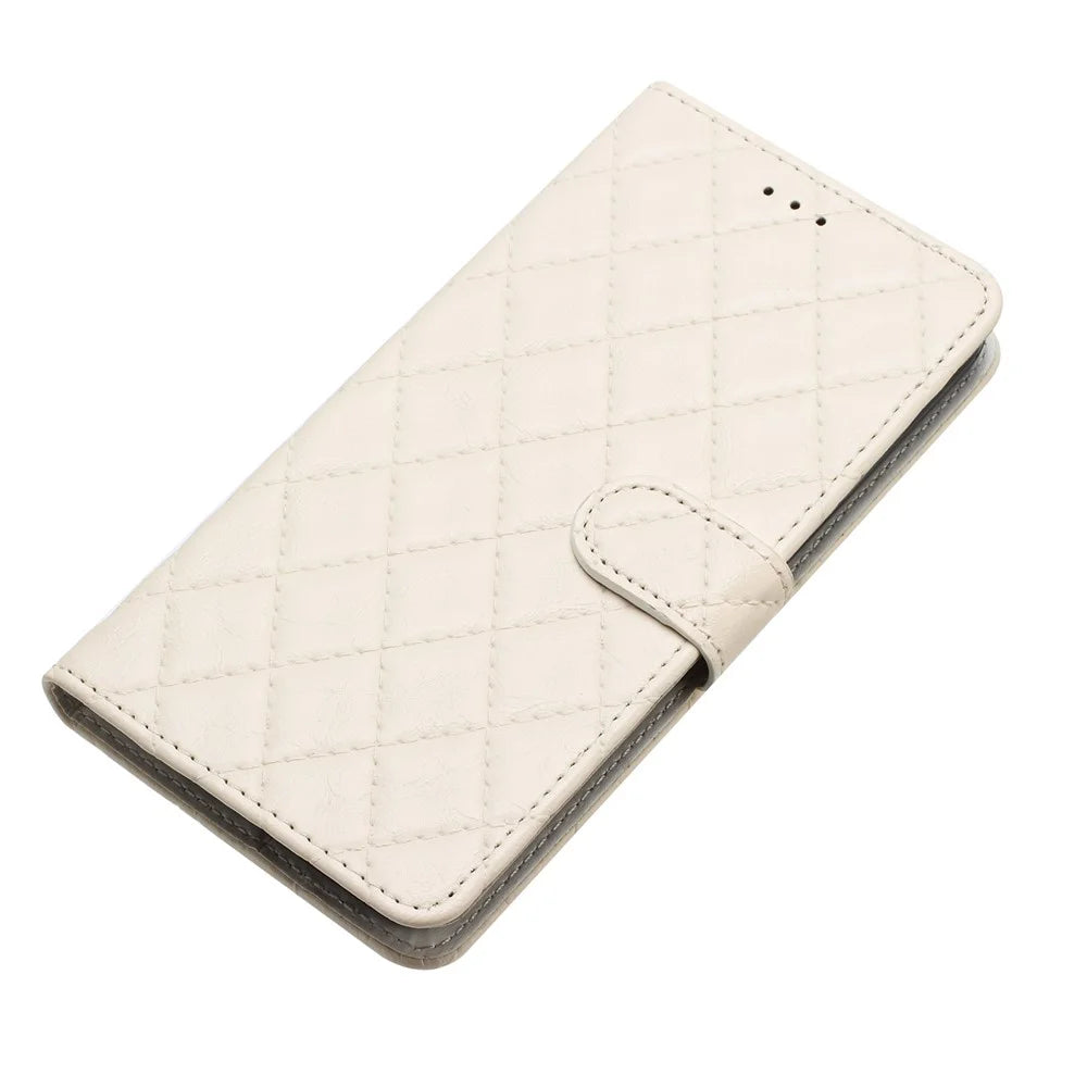 Cell Phone Cover for iPhone 13 Pro , Stand Stitching Line Rhombus Texture PU Leather Phone Case Wallet Shell - White - 6