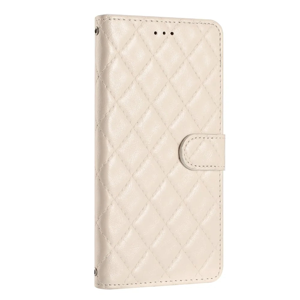 Cell Phone Cover for iPhone 13 Pro , Stand Stitching Line Rhombus Texture PU Leather Phone Case Wallet Shell - White - 7