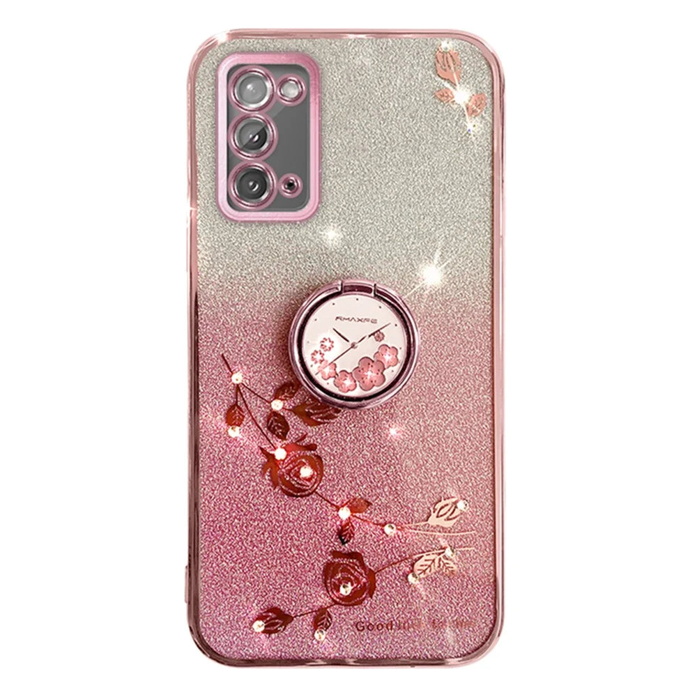 KADEM Flower Pattern Phone Case for Samsung Galaxy A31 Glitter Gradient Soft TPU Cover with Ring Kickstand - Rose Gold - 1