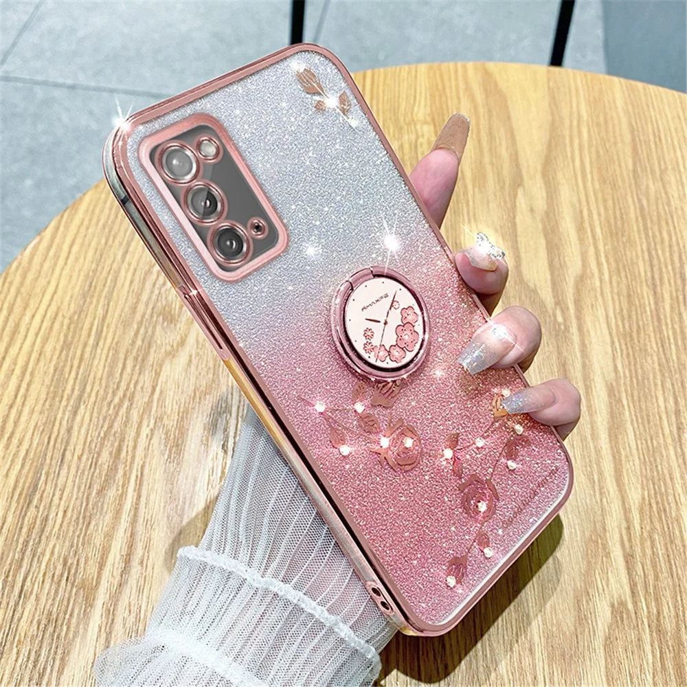 KADEM Flower Pattern Phone Case for Samsung Galaxy A31 Glitter Gradient Soft TPU Cover with Ring Kickstand - Rose Gold - 2