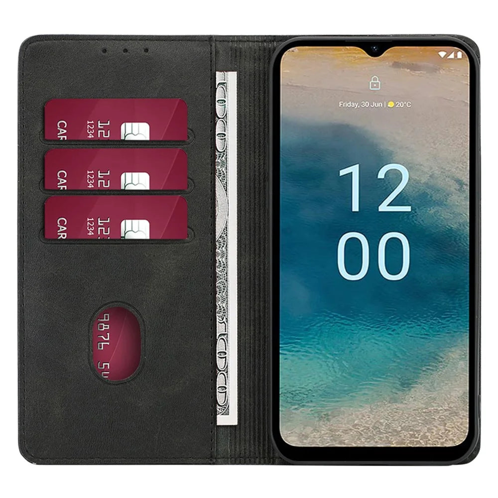 PU Leather Shell for Nokia G22 Wallet Stand Phone Case Calf Texture Magnetic Closing Cover - Black - 2