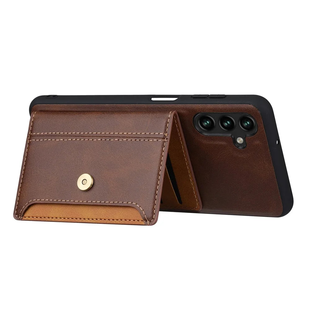 For Samsung Galaxy A24 4G (162.1 x 77.6 x 8.3mm) Kickstand Card Slot Phone Case PU Leather + TPU Calf Texture Anti-Scratch Cover - Brown - 4