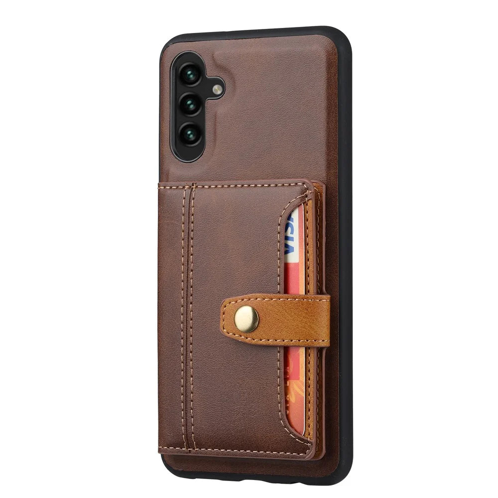 For Samsung Galaxy A24 4G (162.1 x 77.6 x 8.3mm) Kickstand Card Slot Phone Case PU Leather + TPU Calf Texture Anti-Scratch Cover - Brown - 5