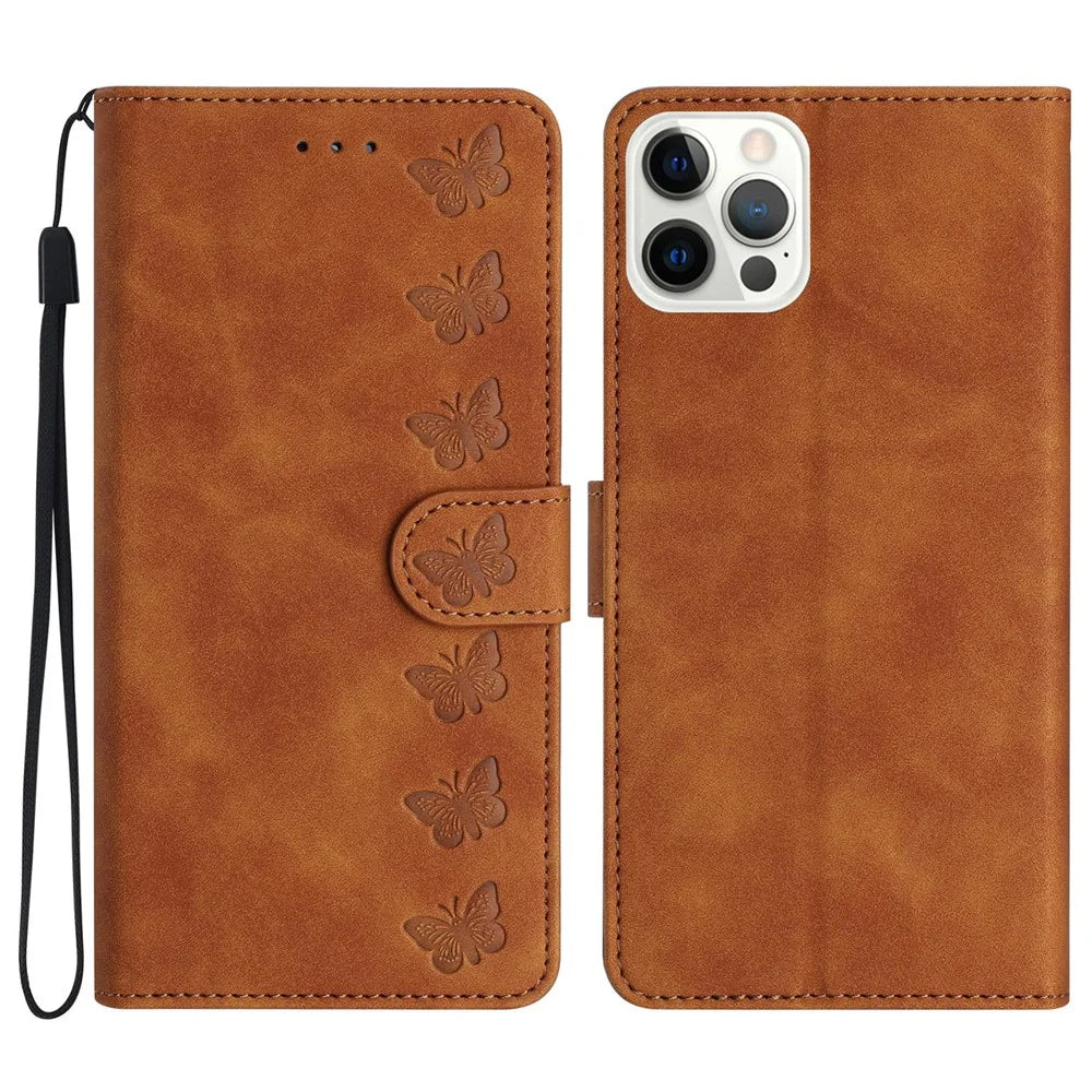 For iPhone 12 Pro Max 6.7 inch Butterfly Imprinted Phone Case Folding Stand Leather Wallet Cover - Brown - 1
