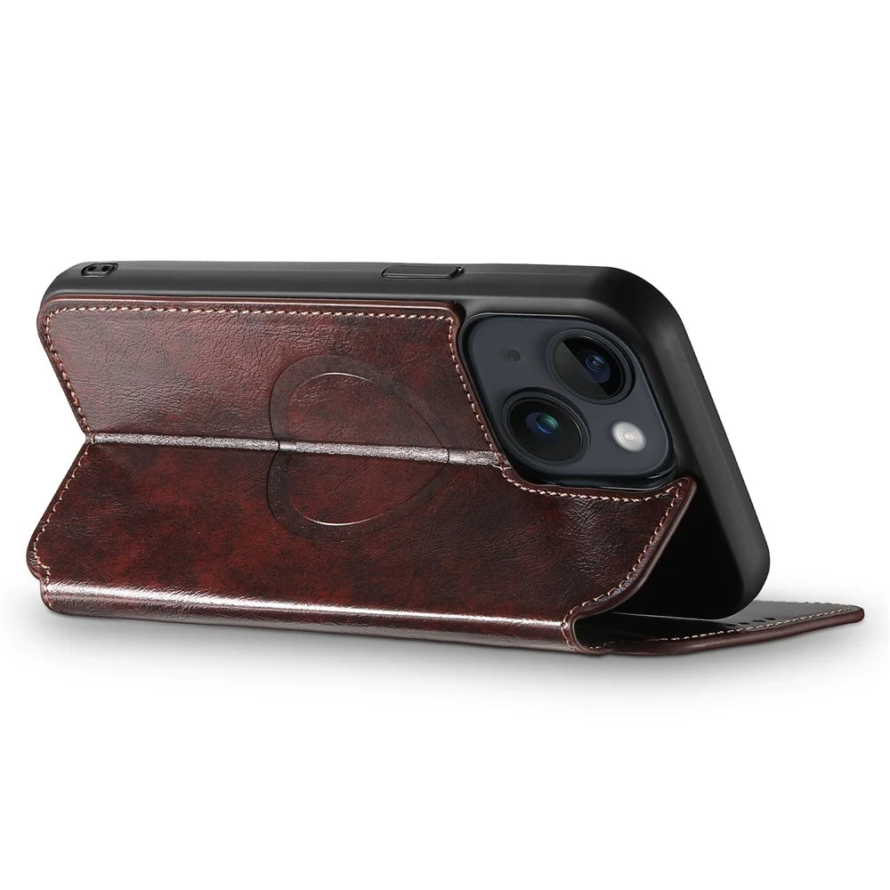 SUTENI J05 For iPhone 13 6.1 inch Dustproof Phone Case Stand Wallet Leather Cover Compatible with MagSafe - Brown - 3