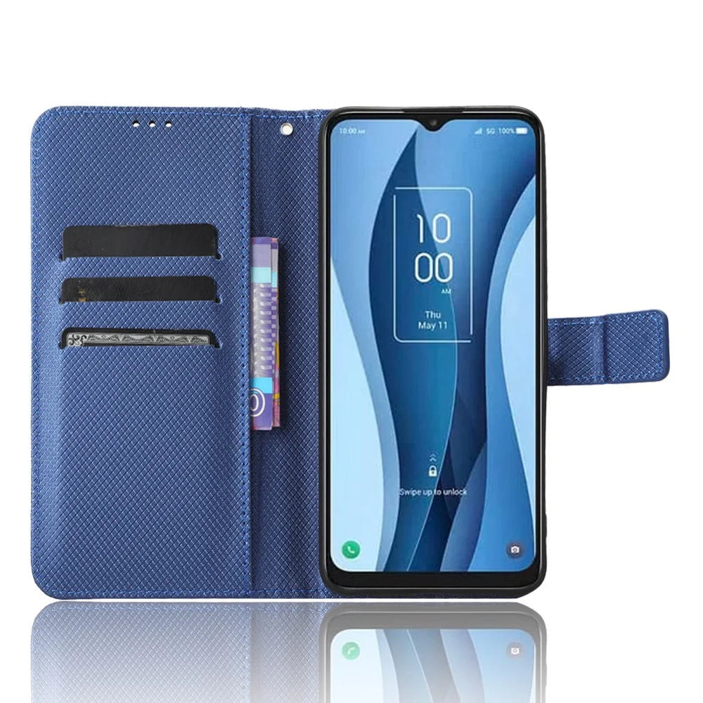 Phone Cover for TCL 40 XL , Wallet Phone Case PU Leather Diamond Texture Phone Shell - Blue - 2