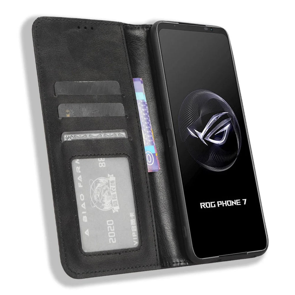 For Asus ROG Phone 7 5G Retro PU Leather Cover Stand Wallet Magnetic Closure Mobile Phone Case - Black - 2