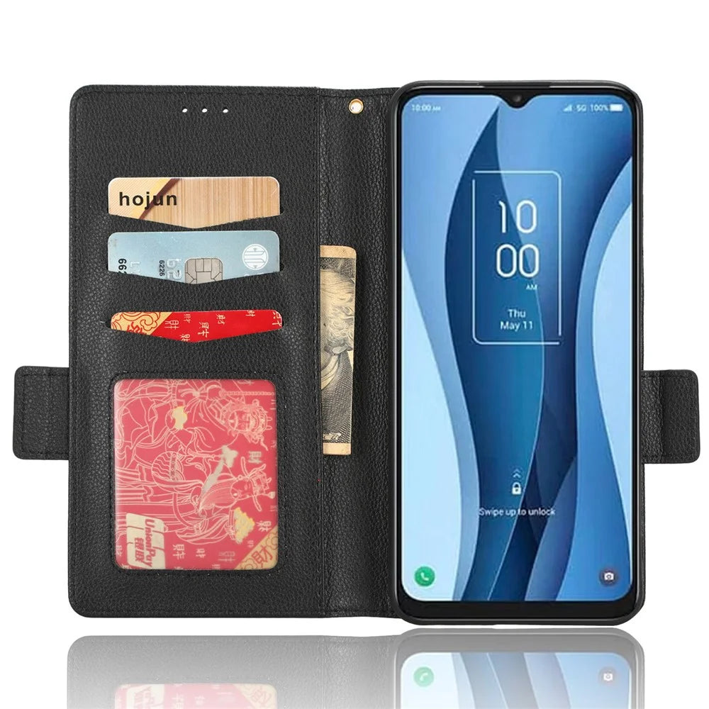 PU Leather Wallet Cell Phone Case For TCL 40 XL Litchi Texture Flip Stand Phone Cover - Black - 2