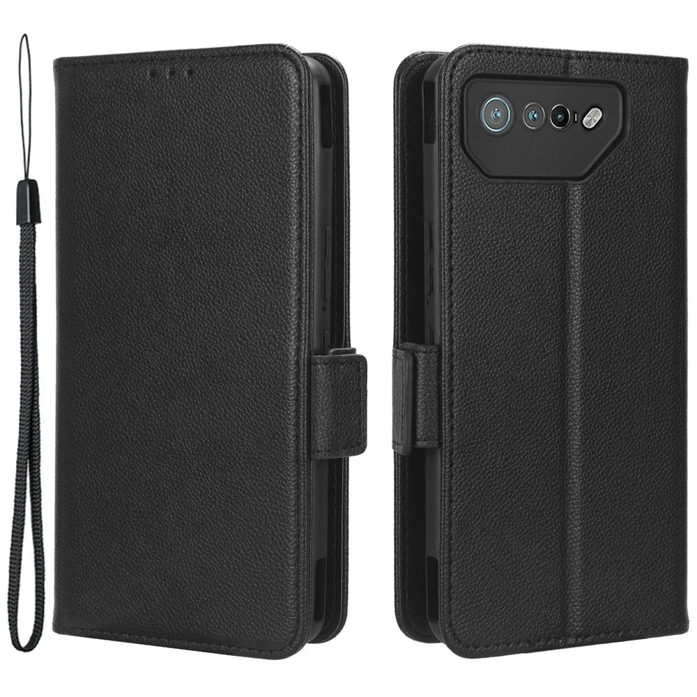 For Asus ROG Phone 7 5G Flip Stand Phone Shell PU Leather Wallet Anti-drop Case Litchi Texture Phone Cover - Black - 1