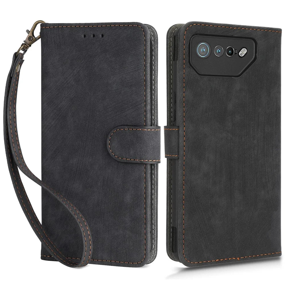 For Asus ROG Phone 7 5G Phone Wallet Case RFID Blocking Stand Phone Cover with Strap - Black - 1