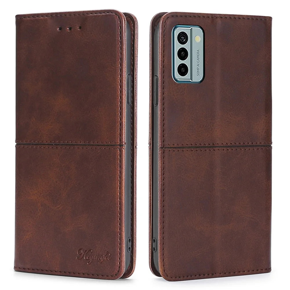 For Nokia G22 Anti-fingerprint Phone Shell Cowhide Texture PU Leather Case Stand Card Slot Cover - Dark Brown - 1