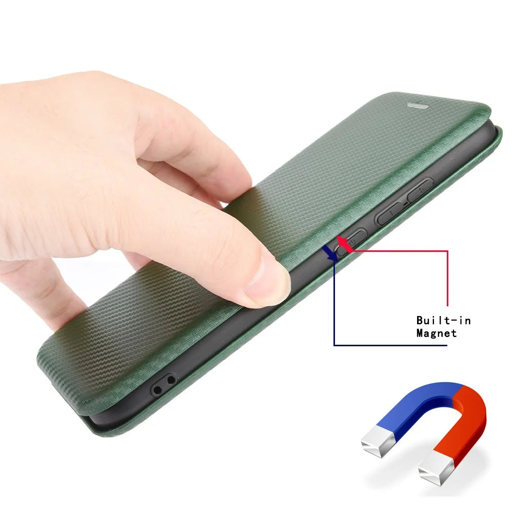 Stand Cover for Asus ROG Phone 7 5G / 7 Ultimate 5G Carbon Fiber Texture Card Slot PU Leather Phone Case - Green - 5