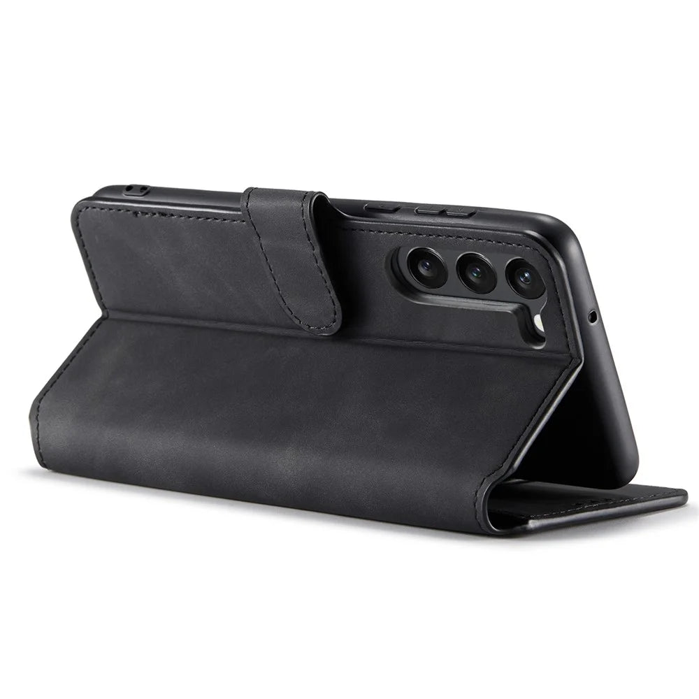 DG.MING For Samsung Galaxy S23 Retro PU Leather Stand Cover Shockproof Wallet Phone Case - Black - 3