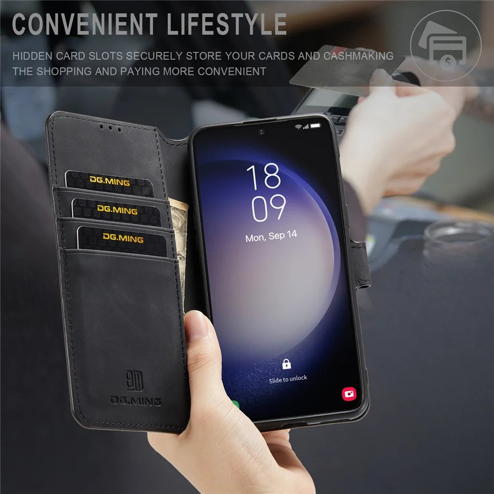 DG.MING For Samsung Galaxy S23 Retro PU Leather Stand Cover Shockproof Wallet Phone Case - Black - 4