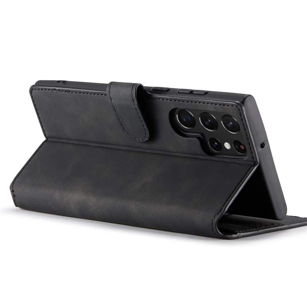 DG.MING For Samsung Galaxy S23 Ultra Retro PU Leather Anti-drop Cover Flip Stand Wallet Phone Case - Black - 3