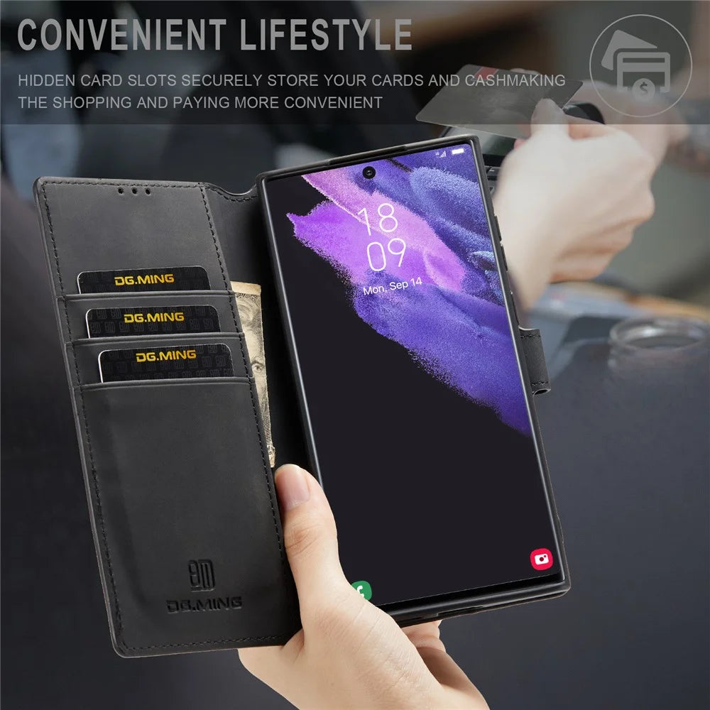 DG.MING For Samsung Galaxy S23 Ultra Retro PU Leather Anti-drop Cover Flip Stand Wallet Phone Case - Black - 4