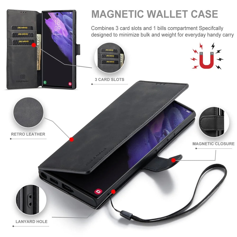 DG.MING For Samsung Galaxy S23 Ultra Retro PU Leather Anti-drop Cover Flip Stand Wallet Phone Case - Black - 6