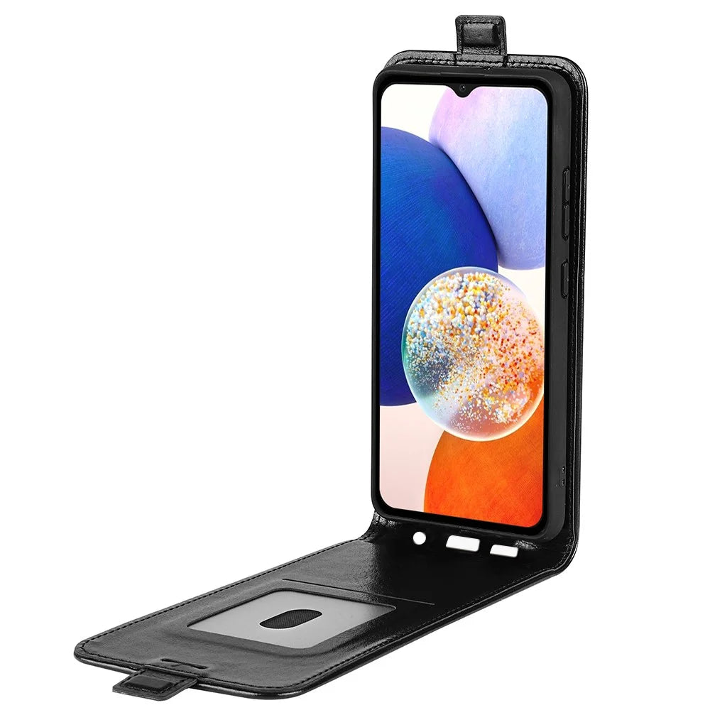 For Samsung Galaxy M14 5G Vertical Flip Leather Phone Case Card Holder Crazy Horse Texture Protective Cover - Black - 2