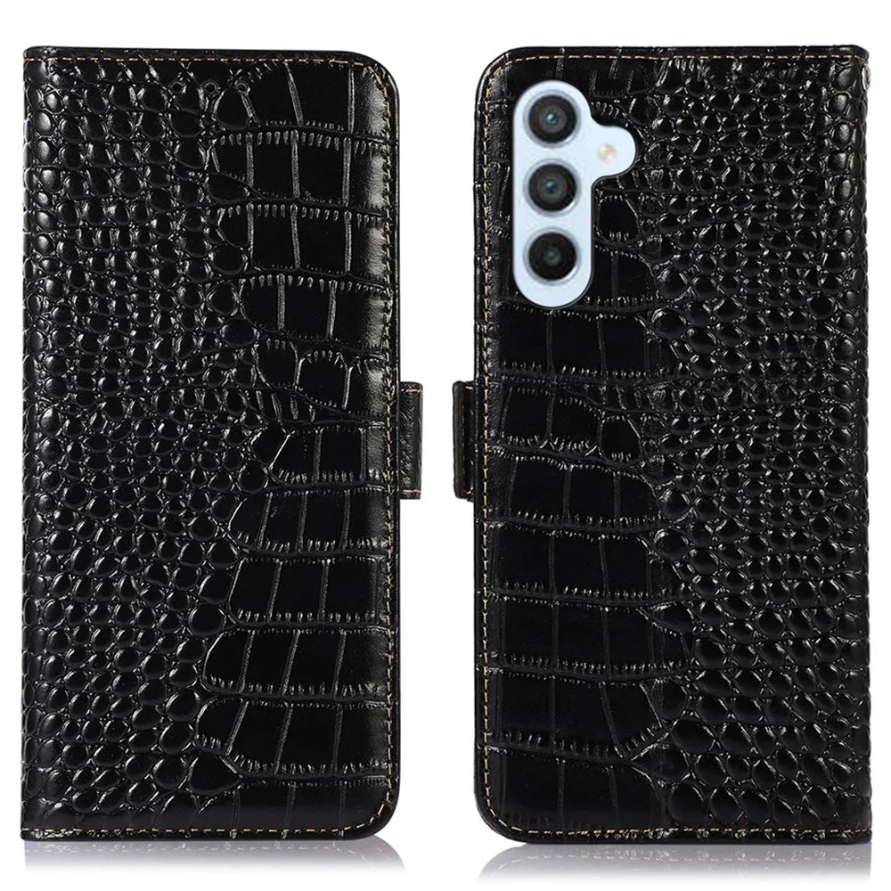 For Samsung Galaxy M54 5G / F54 5G RFID Blocking Wallet Case Genuine Cowhide Leather Crocodile Texture Stand Phone Cover - Black - 1