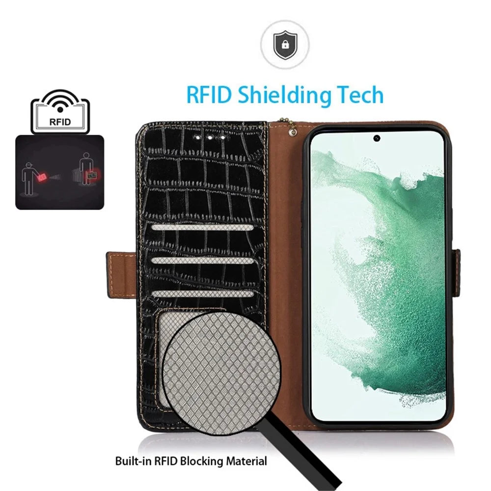 For Samsung Galaxy M54 5G / F54 5G RFID Blocking Wallet Case Genuine Cowhide Leather Crocodile Texture Stand Phone Cover - Black - 3