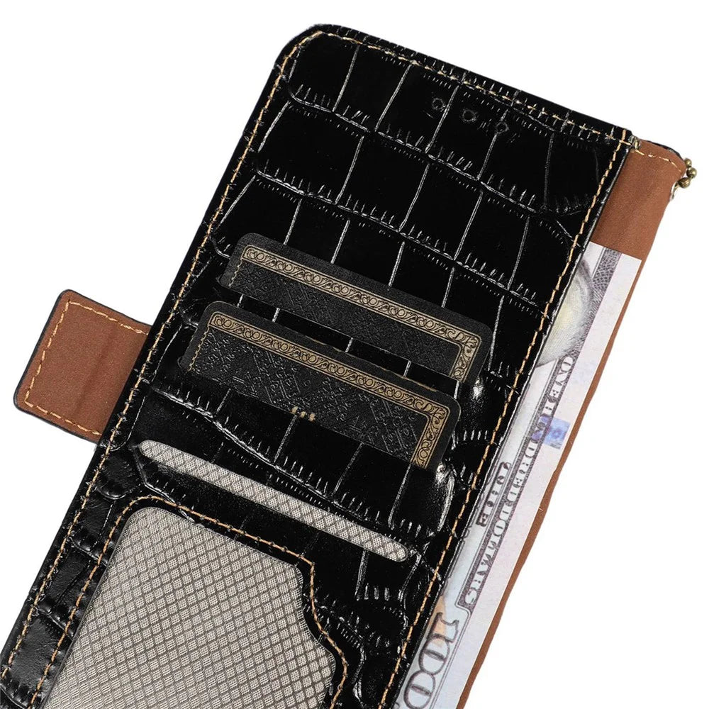 For Samsung Galaxy M54 5G / F54 5G RFID Blocking Wallet Case Genuine Cowhide Leather Crocodile Texture Stand Phone Cover - Black - 5