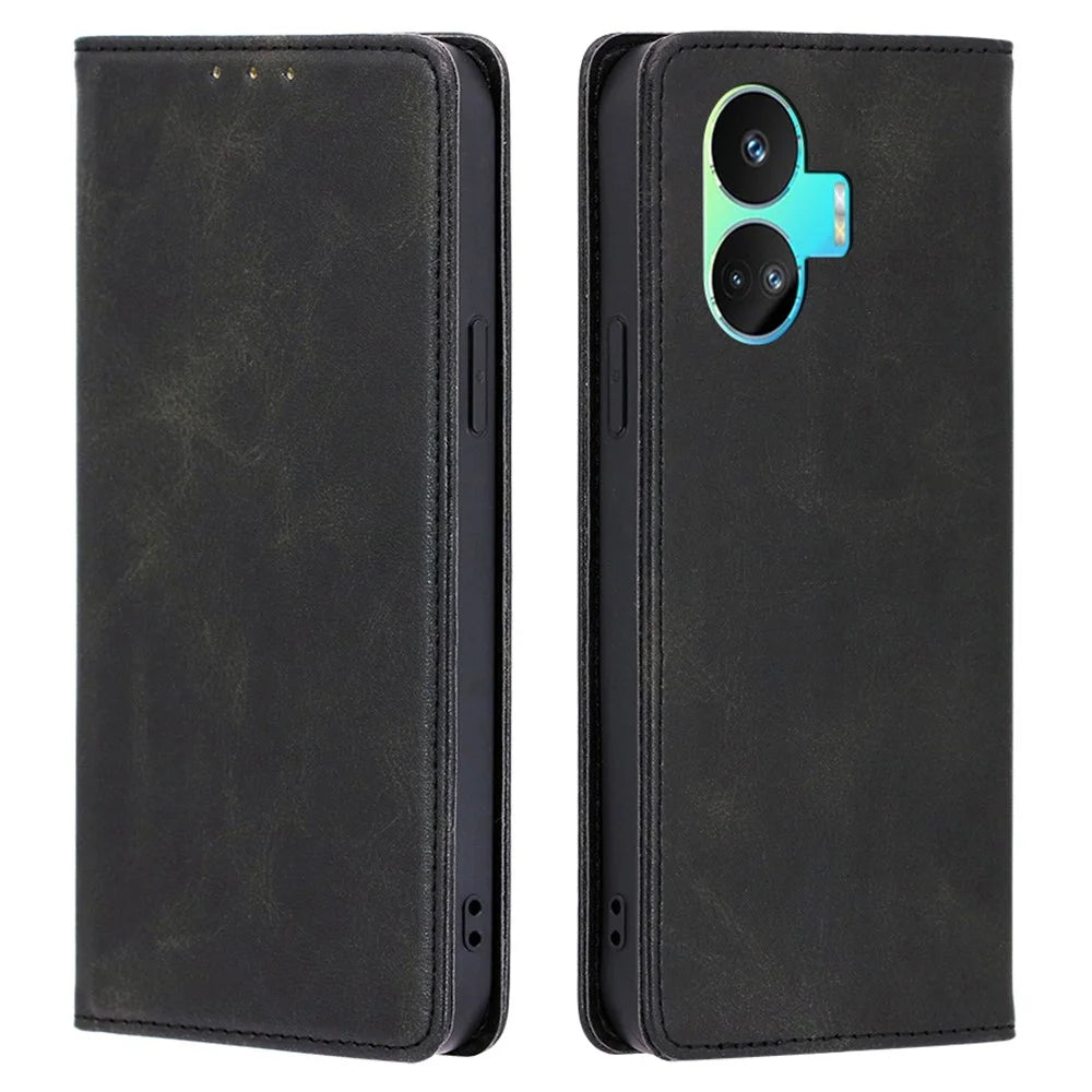 For Realme GT Neo5 SE 5G Drop-proof Case Magnetic Closing Stand Phone PU Leather Wallet Shell - Black - 1