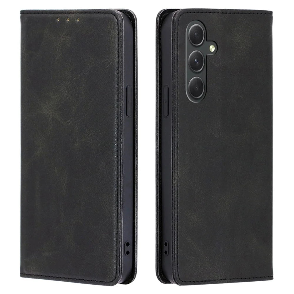 For Samsung Galaxy A54 5G Calf Texture Protector Case Stand PU Leather Wallet Phone Shell - Black - 1