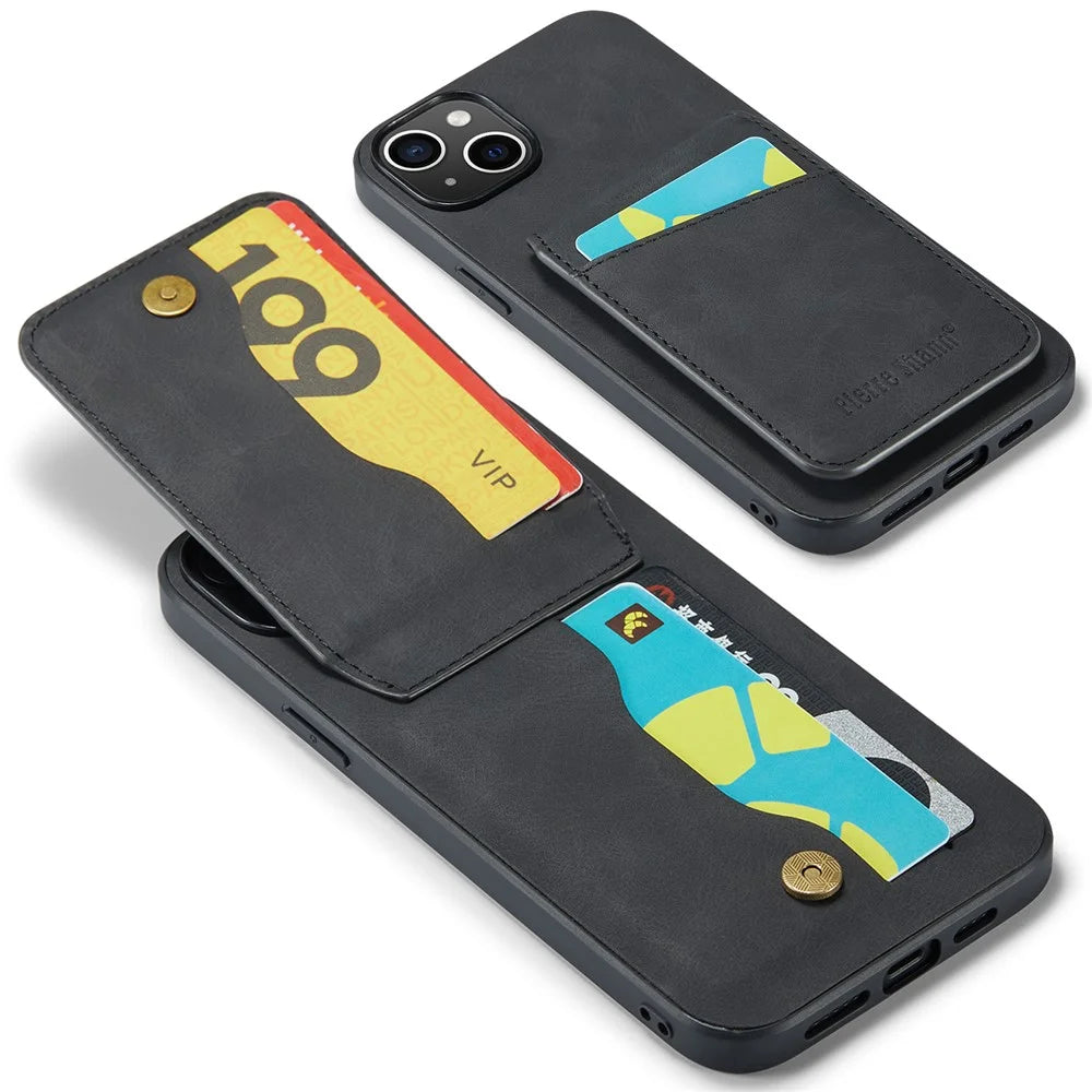 FIERRE SHANN Card Slots Phone Cover for iPhone 14 Kickstand RFID Blocking PU Leather+TPU Phone Case - Black - 3