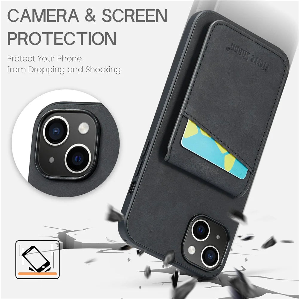 FIERRE SHANN Card Slots Phone Cover for iPhone 14 Kickstand RFID Blocking PU Leather+TPU Phone Case - Black - 4