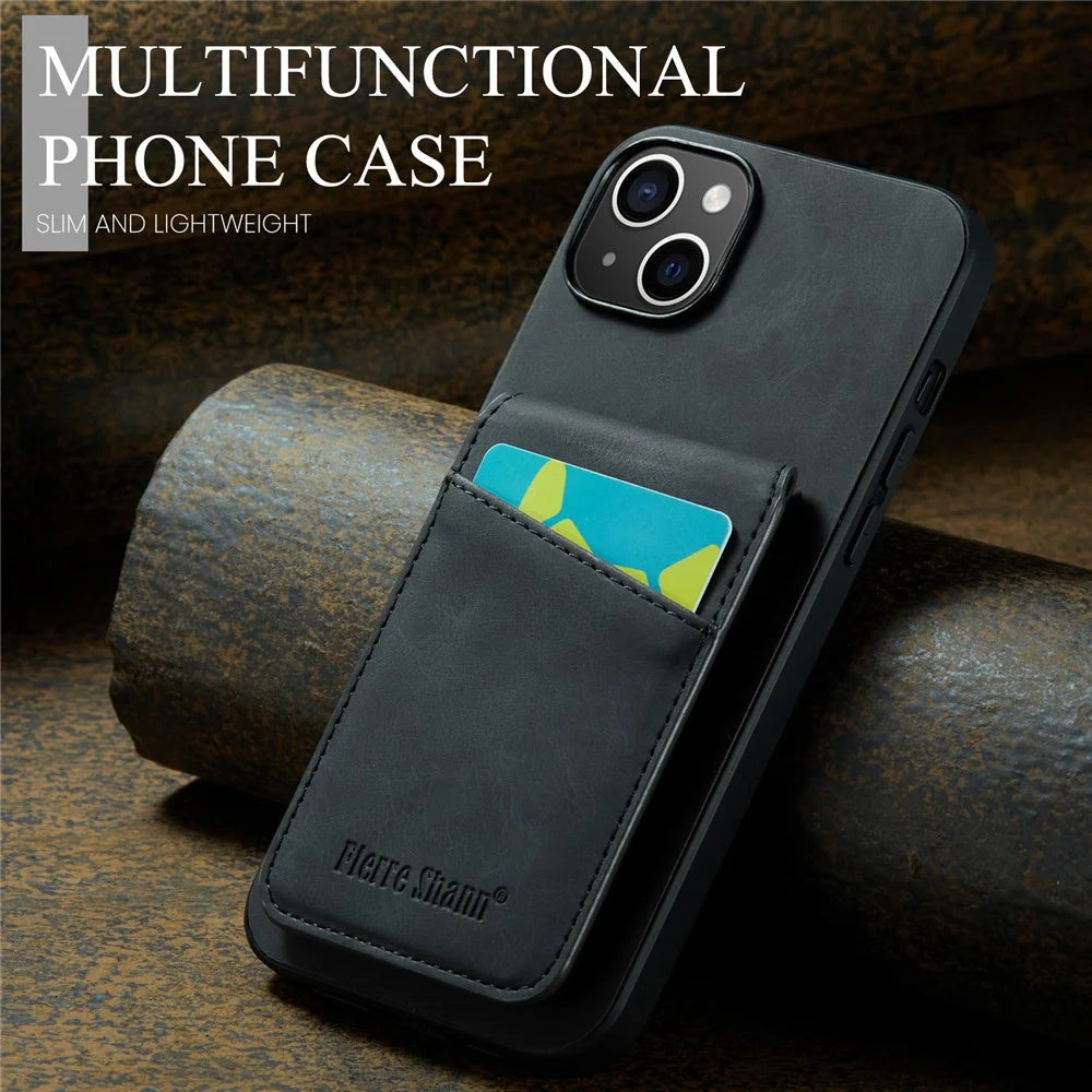 FIERRE SHANN Card Slots Phone Cover for iPhone 14 Kickstand RFID Blocking PU Leather+TPU Phone Case - Black - 7