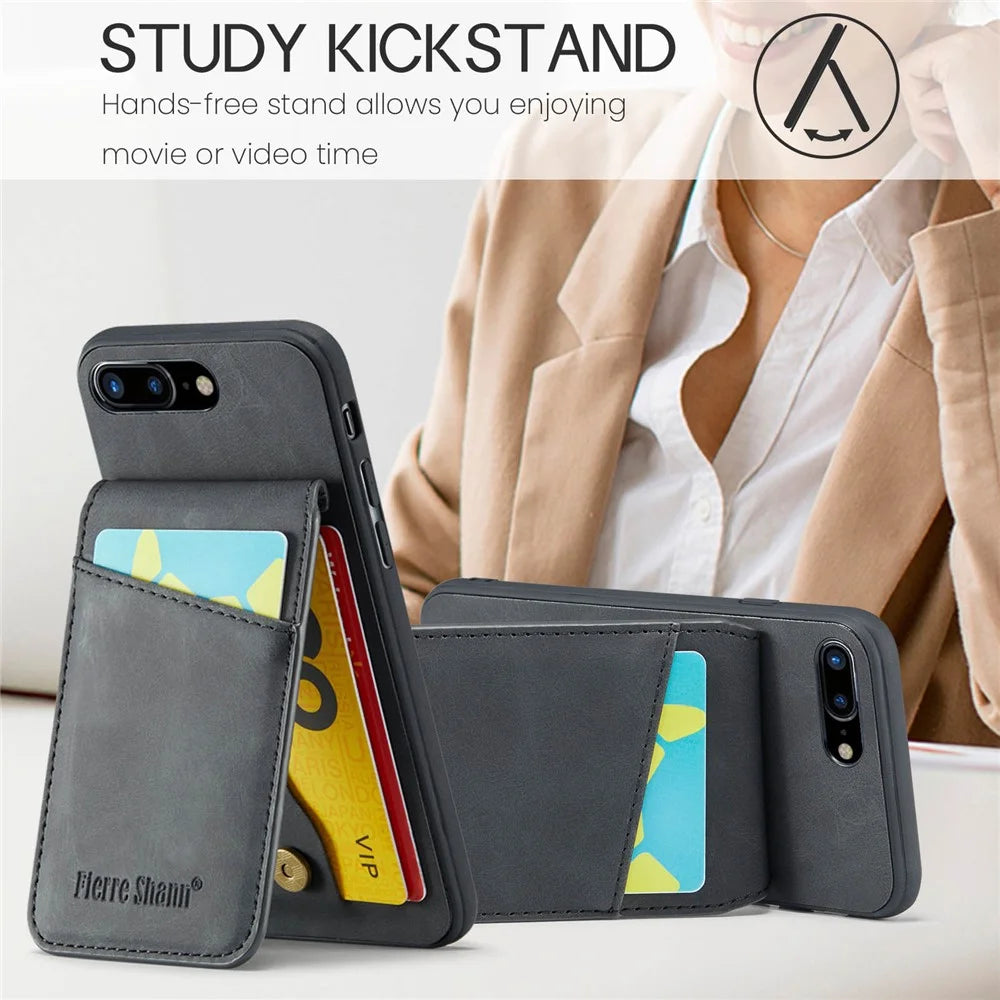 FIERRE SHANN For iPhone 7 Plus 5.5 inch / 8 Plus 5.5 inch Phone Case Kickstand PU Leather TPU Cover with Card Holder - Black - 6