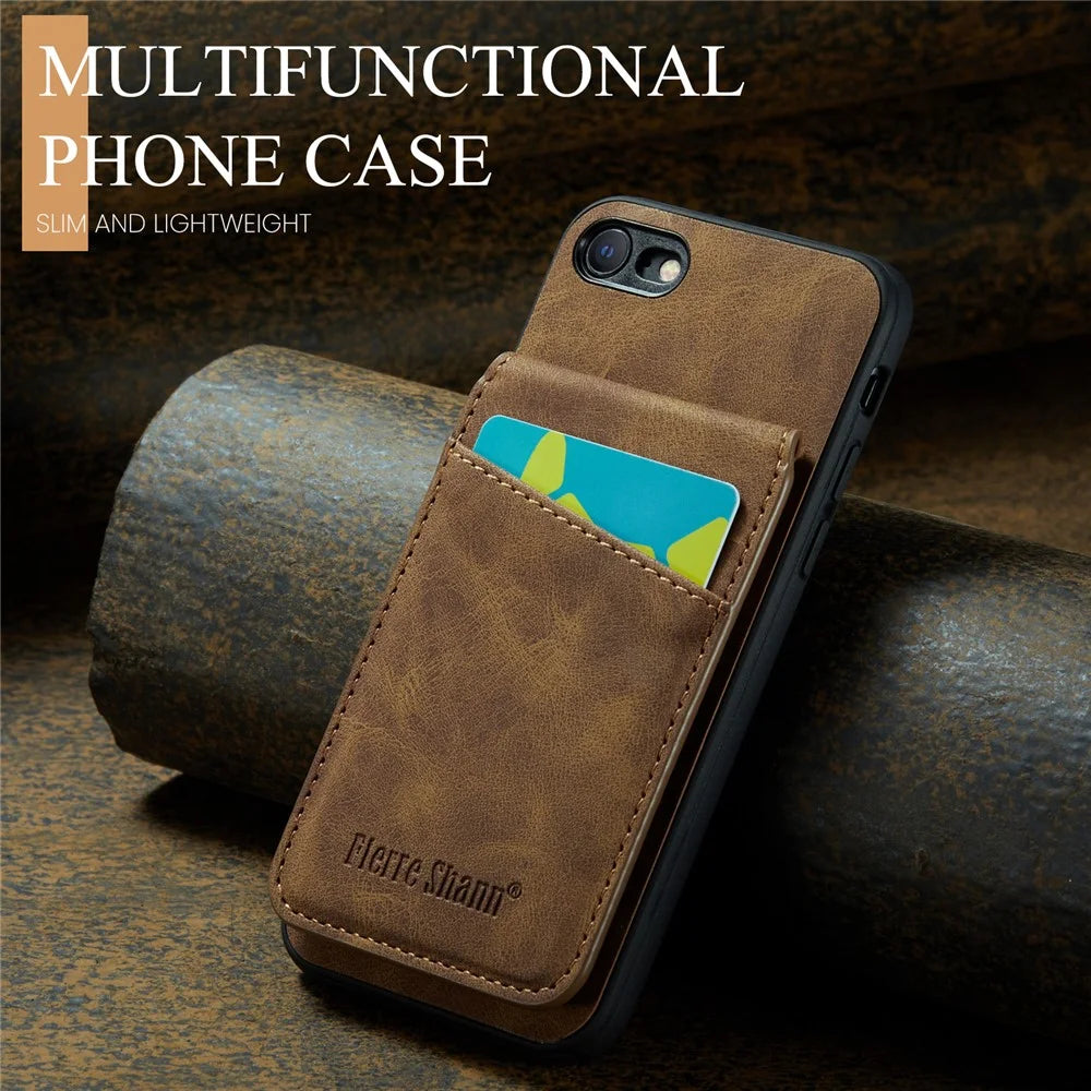 FIERRE SHANN For iPhone 7 / 8 / SE (2020) / SE (2022) Card Holder Phone Case Kickstand PU Leather+TPU Cover - Brown - 7
