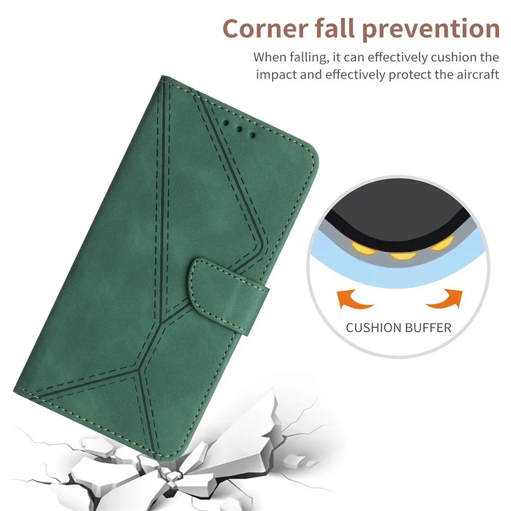 HT05 Flip Wallet Phone Case for Samsung Galaxy S20 FE / S20 FE 5G / S20 FE 2022 / S20 Lite , PU Leather Skin-touch Imprinted Line Stand Cover - Green - 4