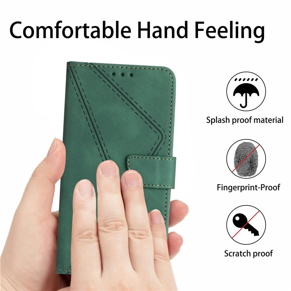 HT05 Flip Wallet Phone Case for Samsung Galaxy S20 FE / S20 FE 5G / S20 FE 2022 / S20 Lite , PU Leather Skin-touch Imprinted Line Stand Cover - Green - 6