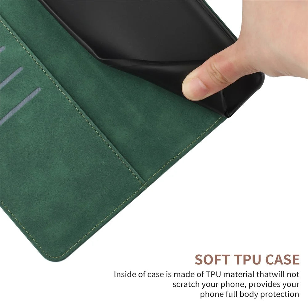 HT05 Flip Wallet Phone Case for Samsung Galaxy S20 FE / S20 FE 5G / S20 FE 2022 / S20 Lite , PU Leather Skin-touch Imprinted Line Stand Cover - Green - 7