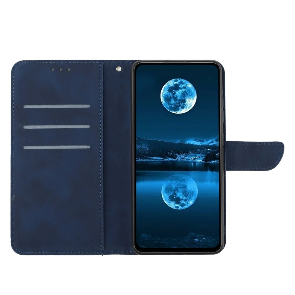 HT05 Skin-touch Phone Case for Samsung Galaxy A22 5G (EU Version) Imprinted Line Wallet Stand Leather Cover - Blue - 2