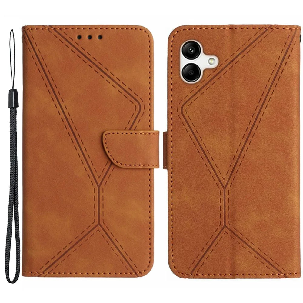 HT05 Imprinted Line Phone Case for Samsung Galaxy A04e 4G / M04 4G / F04 4G Wallet Stand Skin-touch PU Leather Cover - Brown - 1