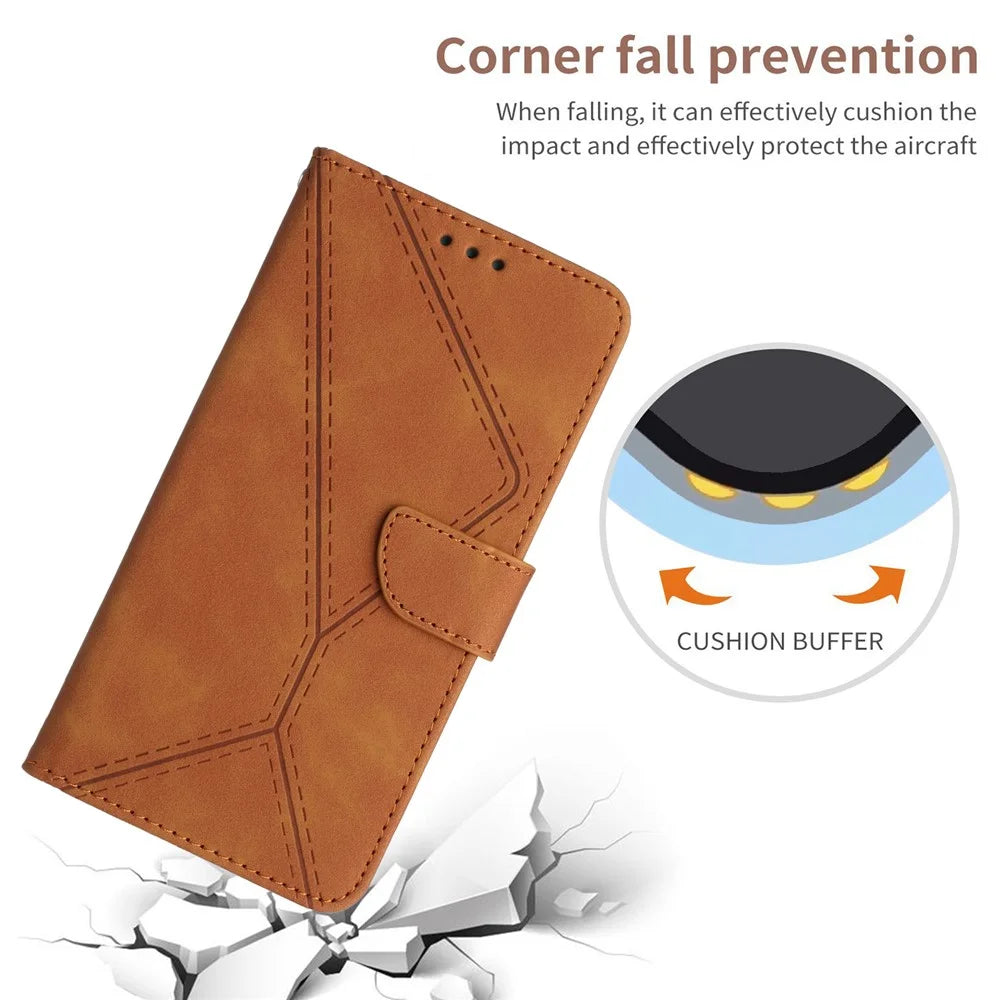 HT05 Imprinted Line Phone Case for Samsung Galaxy A04e 4G / M04 4G / F04 4G Wallet Stand Skin-touch PU Leather Cover - Brown - 4