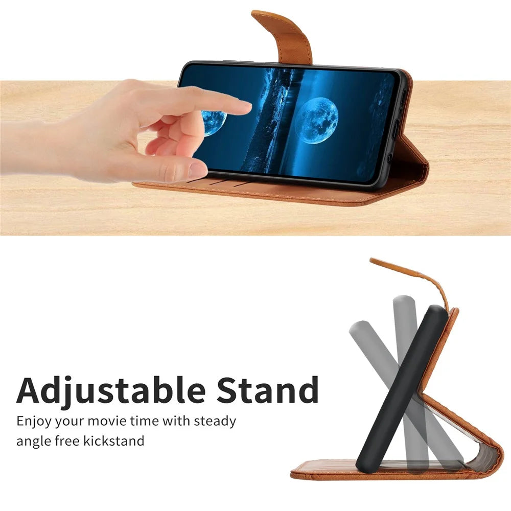 HT05 Imprinted Line Phone Case for Samsung Galaxy A04e 4G / M04 4G / F04 4G Wallet Stand Skin-touch PU Leather Cover - Brown - 5