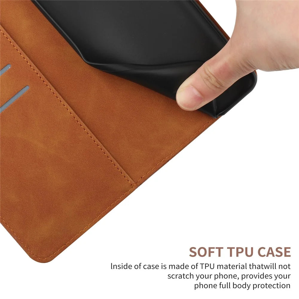 HT05 Imprinted Line Phone Case for Samsung Galaxy A04e 4G / M04 4G / F04 4G Wallet Stand Skin-touch PU Leather Cover - Brown - 7