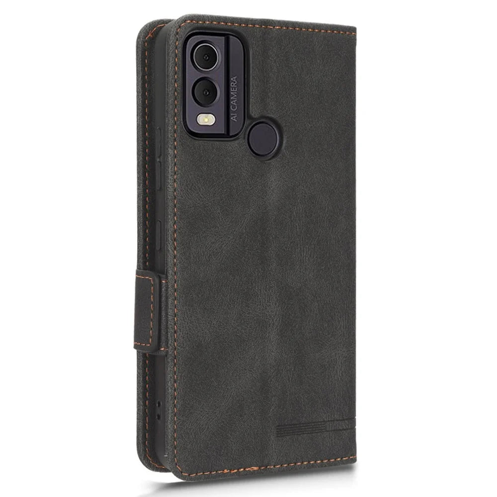 For Nokia C22 Phone Case Hardware Decor Protector Shell PU Leather Wallet Stand Cover - Black - 6