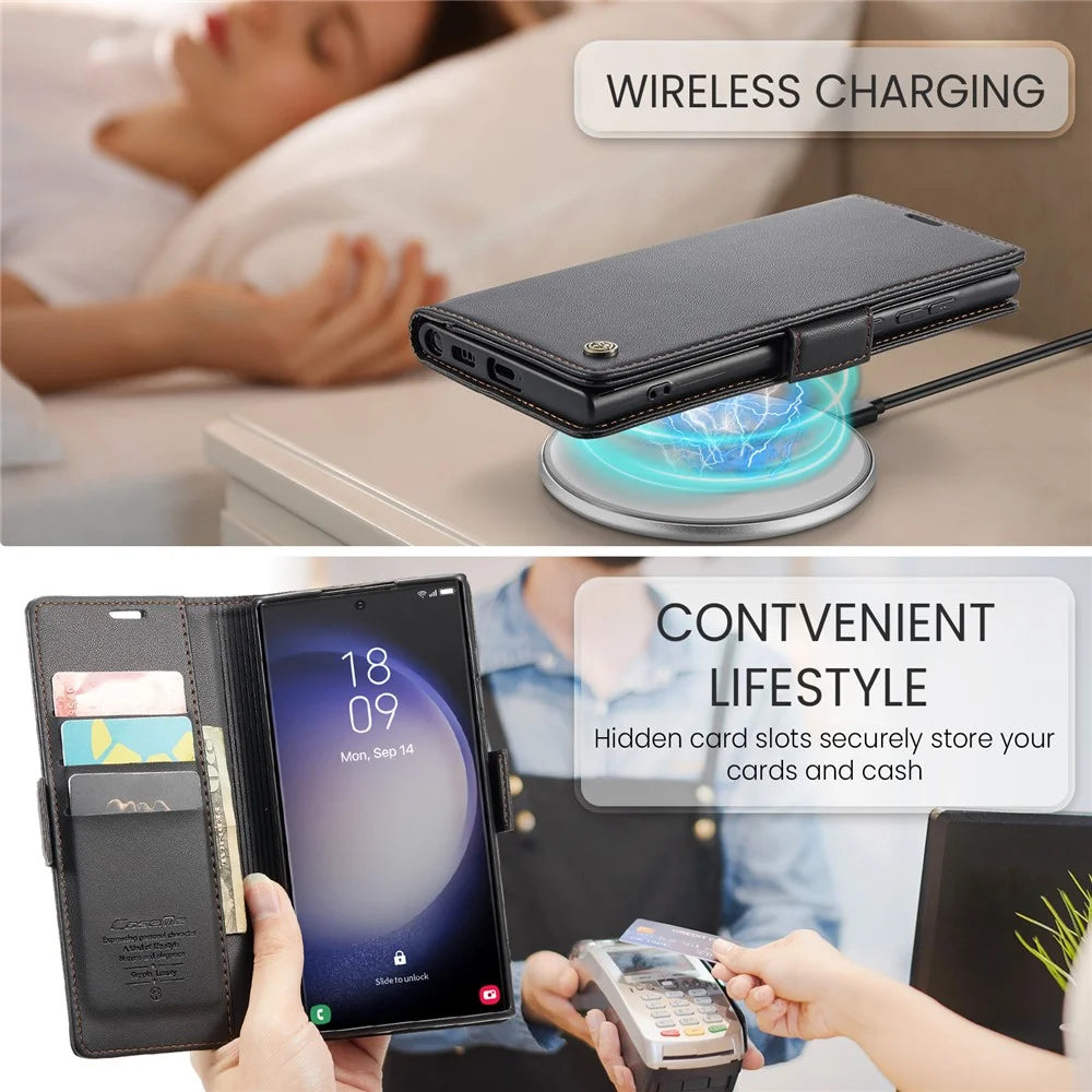 For Samsung Galaxy S23 Ultra Leather Case CASEME 023 RFID Blocking 3 Card Slot Mobile Cover - Black - 7