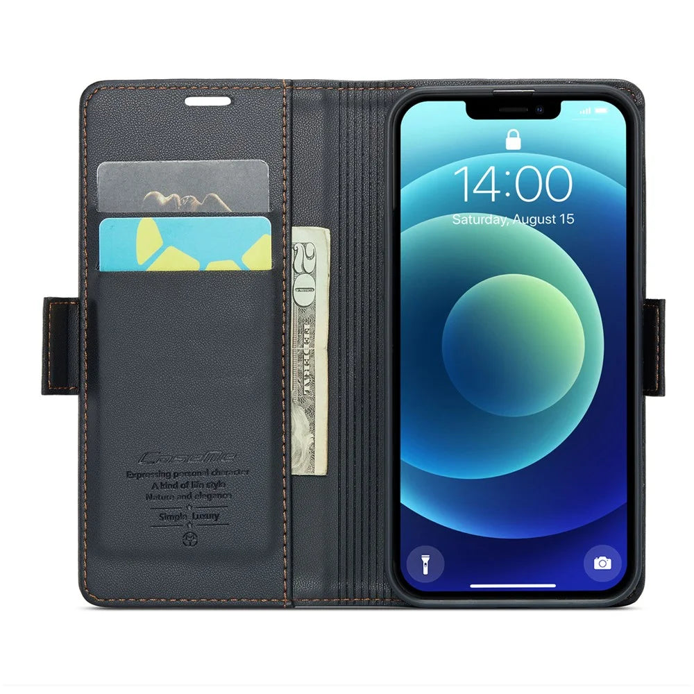 CASEME 023 Series Stand Wallet Case for iPhone 12 mini , RFID Blocking Litchi Texture Leather Phone Cover - Black - 2
