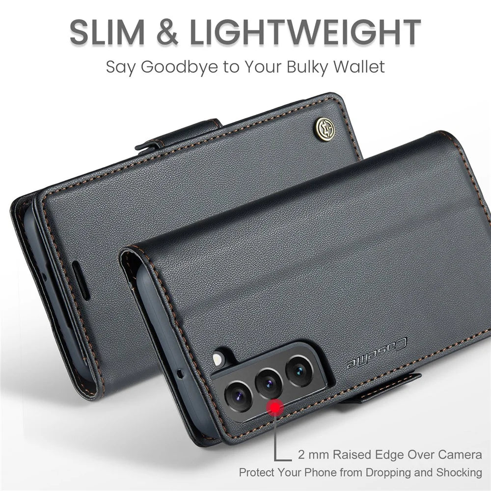 For Samsung Galaxy S22 5G Leather Case CASEME 023 RFID Blocking 3 Card Slot Mobile Cover - Black - 5