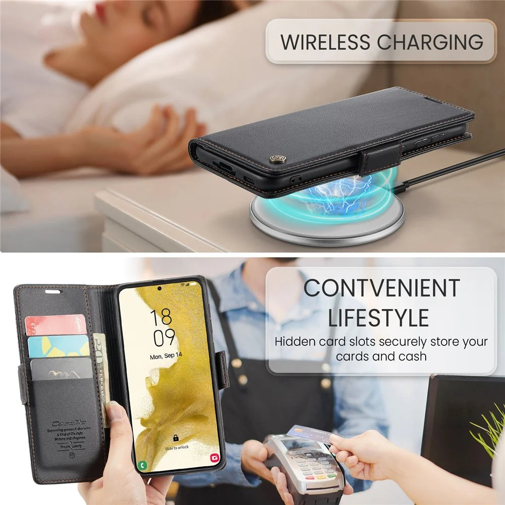For Samsung Galaxy S22 5G Leather Case CASEME 023 RFID Blocking 3 Card Slot Mobile Cover - Black - 7